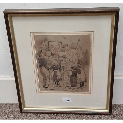 1119 - MAY MARSHALL BROWN - (ARR), THE TOY SELLER SIGNED, LABEL TO REVERSE FRAMED  WATERCOLOUR & PENCIL 24 ... 