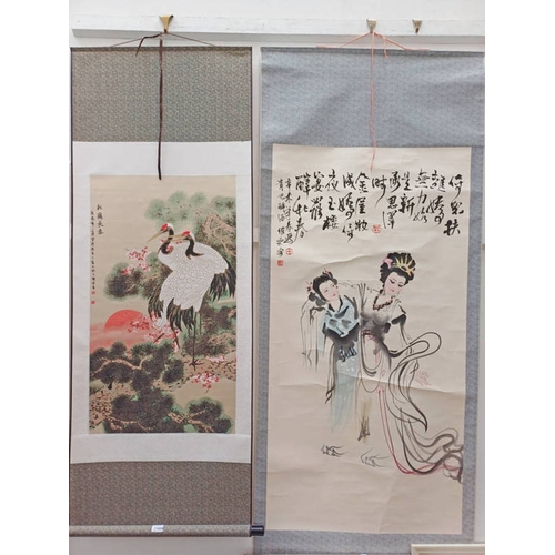 1125E - 2 ORIENTAL SCROLL PAINTINGS OF GEISHAS AND CRANES, BOTH SIGNED WITH VARIOUS CHARACTER MARKS, 190CM L... 