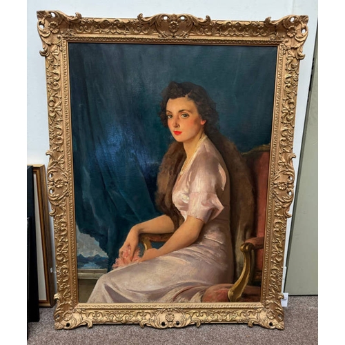 1125F - GILT FRAMED OIL PORTRAIT OF A YOUNG LADY SITTING ON CHAIR, UNSIGNED, 100 CM X 75 CM