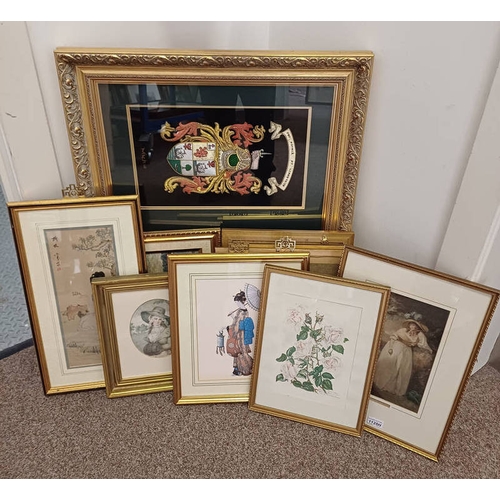 1125H - SELECTION OF ORIENTAL PRINTS, GILT FRAMED COAT OF ARMS FOR MICHIE AND GUYAM ETC. LARGEST : 54 CM X 6... 