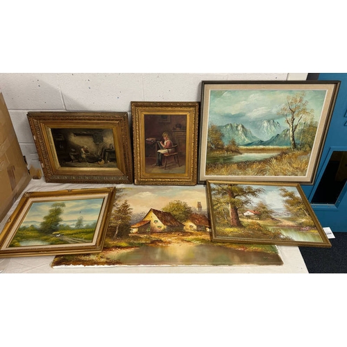 1125W - SELECTION OF OIL PAINTING TO INCLUDE; L. AGRES, 'MOUNTAIN SCENE' , SIGNED, NICOL' RIVERSIDE HOUSES',... 