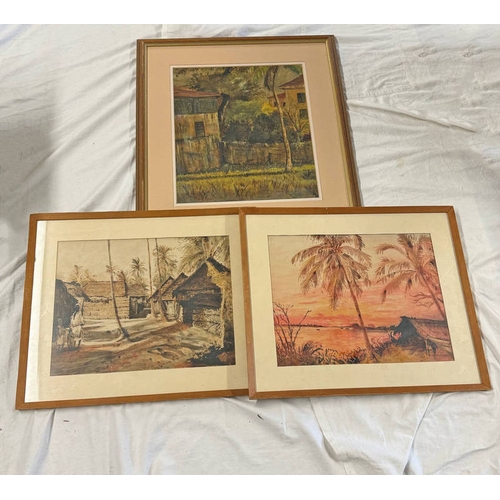 1125X - 3 FRAMED WATERCOLOURS, A . FARHAM, 'SUNSET OVER RIVER', SIGNED , FF.M. SAMETA, 'JUNGLE VILLAGE', SIG... 