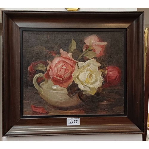 1133 - KATE WYLIE - (ARR), STILL LIFE OF ROSES SIGNED FRAMED OIL ON CANVAS 25 X 30 CM