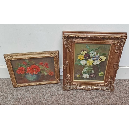 1135 - KATE WYLIE, STILL LIFE OF FLOWERS IN POT, SIGNED,GILT FRAMED OIL PAINTING, & 1 OTHER GILT FRAMED OIL... 