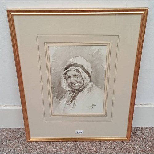 1136 - HENRY W KERR PORTRAIT OF A LADY MONOGRAMMED H.W.K FRAMED BLACK & WHITE WATERCOLOUR 33 X 22 CM