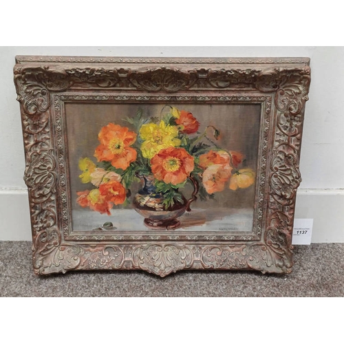 1137 - KATE WYLIE - (ARR), STILL LIFE ORANGE & YELLOW FLOWERS SIGNED GILT FRAMED OIL ON BOARD 29 X 39 CM