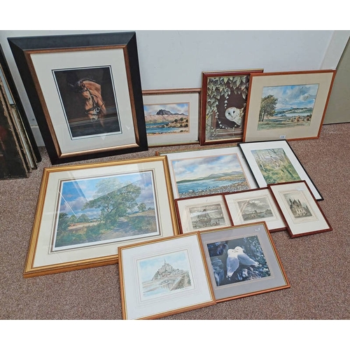 1140 - SELECTION OF WATERCOLOURS, PRINTS, ETC TO INCLUDE; R H EADIE, BENNACHIE - ABERDEENSHIRE, WATERCOLOUR... 