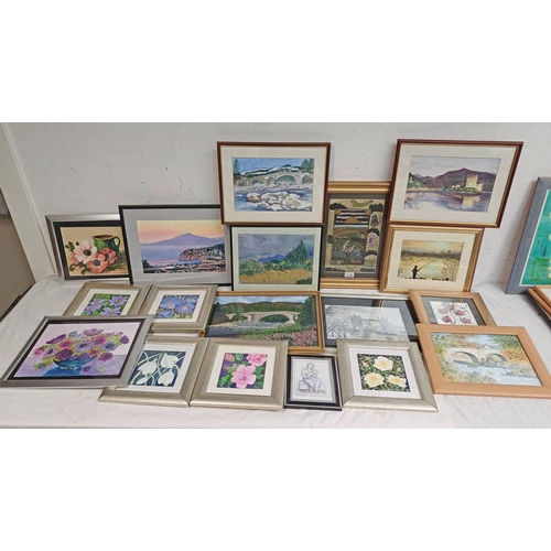 1150 - LARGE SELECTION OF WATERCOLOURS, PRINTS, ETC TO INCLUDE; FRAMED WATERCOLOUR OF MIDDLE EASTERN FIGURE... 