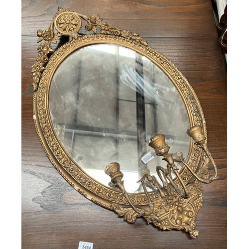 1155 - OVAL GILT FRAMED MIRROR WITH DECORATIVE CANDLE HOLDERS, OVERALL HEIGHT 95CM