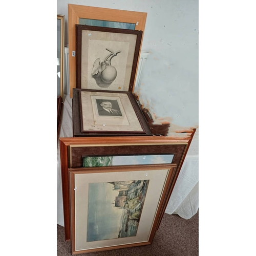 1156 - LARGE SELECTION OF PRINTS, WATER COLOURS ETC TO INCLUDE ; FRAMED WATERCOLOUR OF A COASTAL SCENE, SIG... 