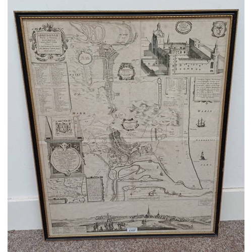 1157 - FRAMED LITHOGRAPH DEPICTING A DESCRIPTION OF NEW AND OLD ABERDEEN : 76 X 61 CM