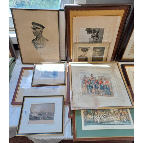 1227 - FRAMED AND UNFRAMED MILITARY RELATED PHOTOGRAPHS, SOME SIGNED, HUNTING RELATED COLOUR ENGRAVINGS ETC... 