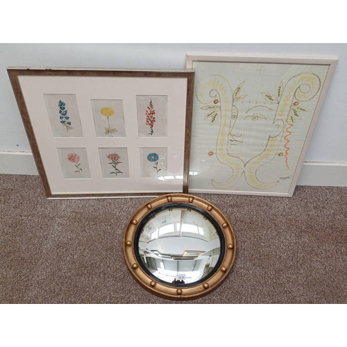 1231 - GILTWOOD PORTHOLE WALL MIRROR, FRAMED PRINT OF AN ABSTRACT STYLE FIGURE AND ONE OTHER.