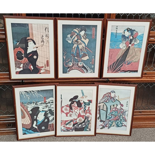 1233 - SET OF 6 FRAMED ORIENTAL PRINTS DEPICTING SWORDSMEN, ETC AND CHARACTER MARKS.  48 CM X 33 CM EACH