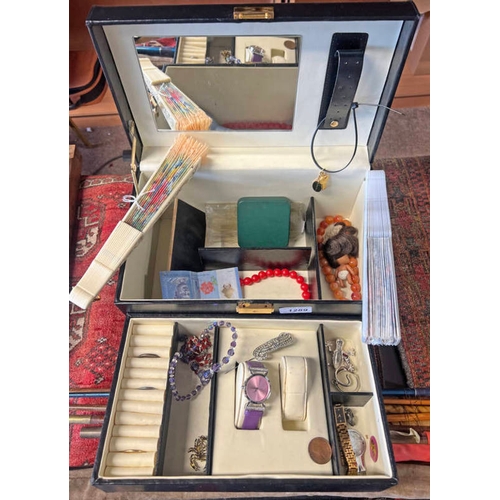 1289 - COSTUME JEWELLERY , COINAGE, FANS ETC IN A JEWELLERY BOX