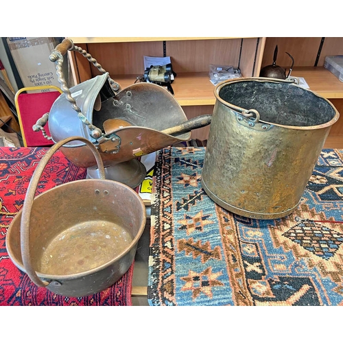 1290 - COPPER COAL SCUTTLE WITH SCOOP, BRASS LOG BASKET AND A JELLY PAN  -3-