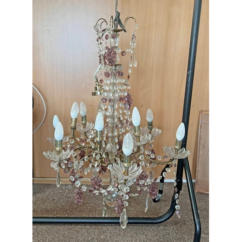 1300 - 20TH CENTURY 12 BRANCH METAL AND GLASS DROPLET CHANDELIER, 72 CM LONG.