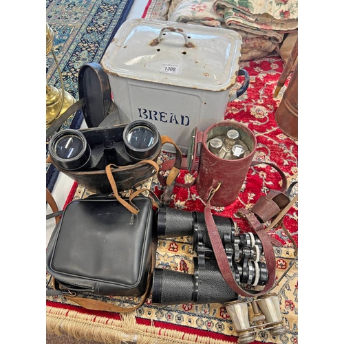 1309 - ENAMEL BREAD BIN, BAUSCH & LOMB 7 X 50 BINOCULARS IN CASE, MOTHER OF PEARL OPERA GLASSES, CASED DECA... 