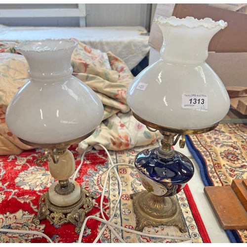 1313 - TWO PARAFFIN STYLE TABLE LAMPS CONVERTED TO ELECTRICITY -2- 39CM AND 35CM TALL