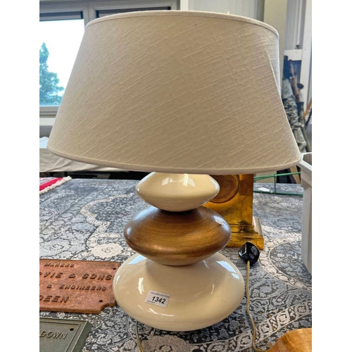 1342 - PORCELAIN TABLE LAMP WITH SHADE, 53CM TALL