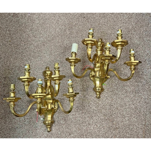 1390 - PAIR OF 5-BRANCH HEAVY BRASS WALL LIGHTS, 41CM LONG