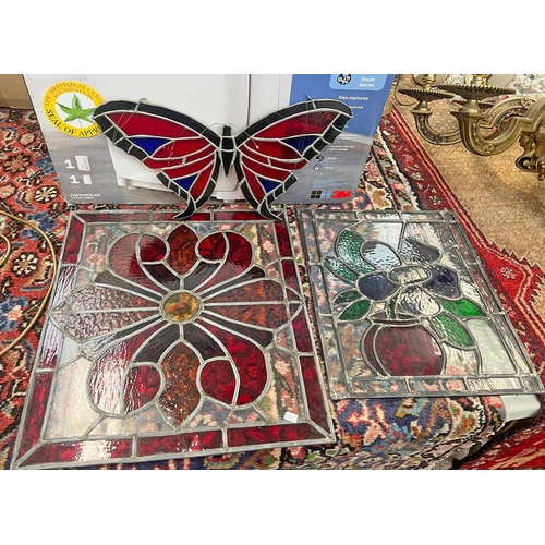 1412 - THREE COLOURED GLASS LEADED PANELS, ONE IN THE SHAPE OF A BUTTERFLY  -3- LARGEST IS 48CM X 42CM