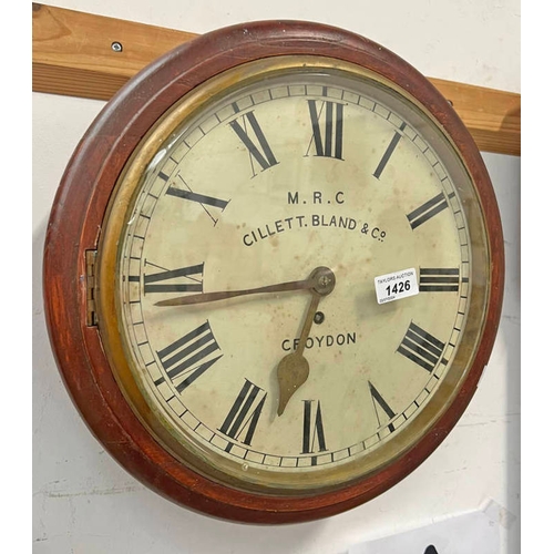 1426 - MAHOGANY CIRCULAR WALL CLOCK WITH FUSEE MOVEMENT, FACE MARKED MRC CILLETT BLAND & CO, CROYDON