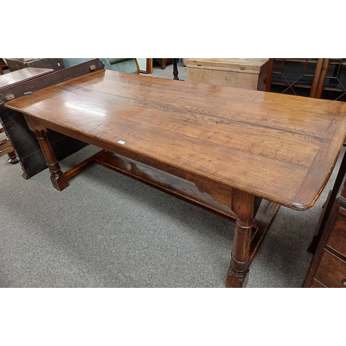 17 - OAK REFECTORY TABLE ON TURNED SUPPORTS.  214 CM LONG