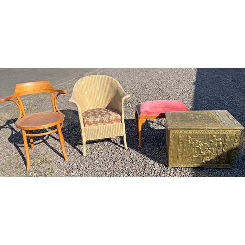 182 - LARGE BRASS COAL BOX WITH EMBOSSED DECORATION, LLOYD LOOM CHAIR, BENTWOOD ARMCHAIR ETC.  - 4 PIECES