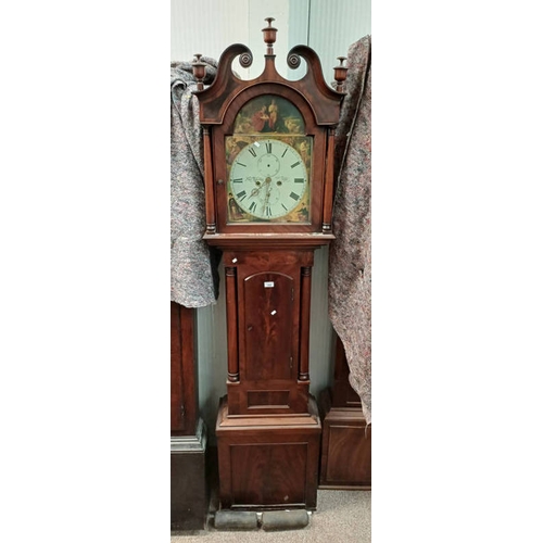 183 - 19TH CENTURY MAHOGANY GRANDFATHER CLOCK WITH PAINTED DIAL WITH CLASSICAL SCENE DECORATION SIGNED 'JO... 