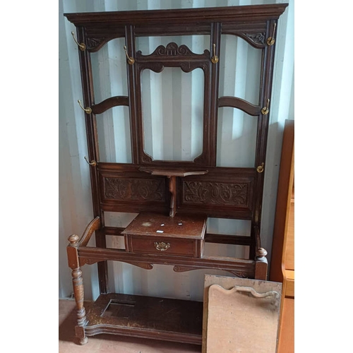 187 - OAK HALL STAND CIRCA 1890 WITH CARVED DECORATION AND SINGLE DRAWER. LENGTH 122 CMS