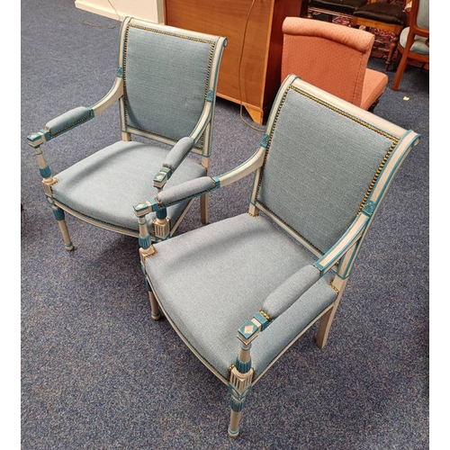 19 - PAIR 19TH CENTURY BLUE UPHOLSTERED OPEN ARMCHAIRS ON TURNED SUPPORTS -   CM