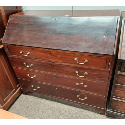 191 - 19TH CENTURY MAHOGANY BUREAU WITH FALL FRONT OPENING TO FITTED INTERIOR OVER 4 GRADUATED DRAWERS ON ... 