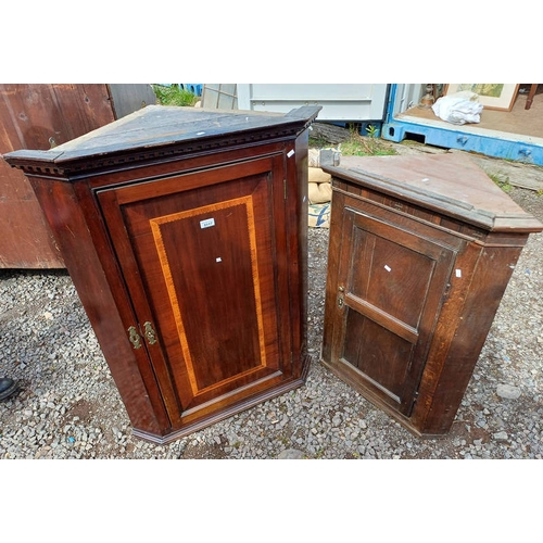 195 - 19TH CENTURY INLAID MAHOGANY CORNER CABINET WITH SINGLE PANEL DOOR AND ONE OTHER CORNER CABINET