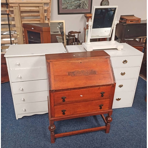 197 - OAK BUREAU WITH FALL FRONT OVER 2 DRAWERS, 2 PAINTED CHEST OF DRAWERS, ETC.