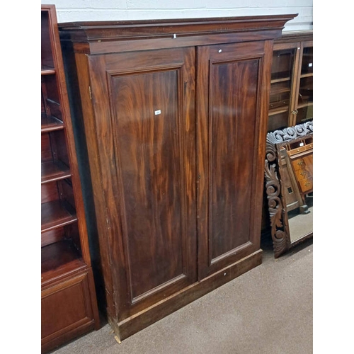 201 - 19TH CENTURY MAHOGANY 2 DOOR WARDROBE ON PLINTH BASE.