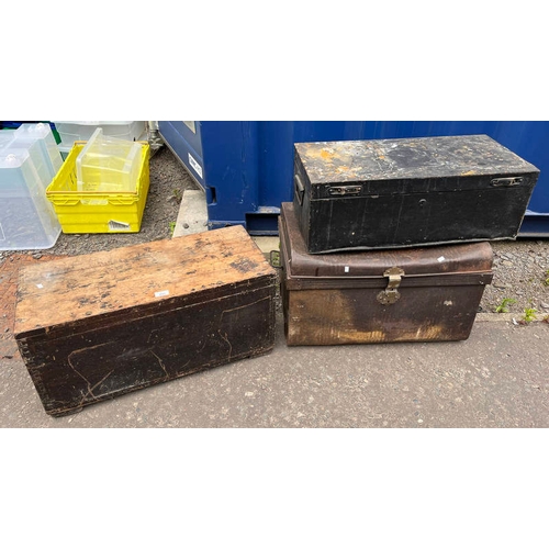 202 - OAK BOX, METAL TRUNK AND ONE OTHER