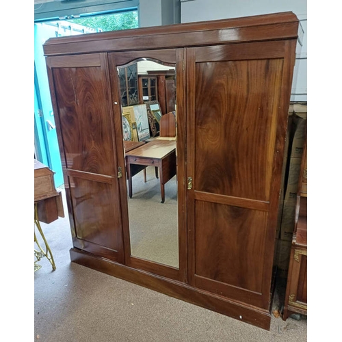 205 - EARLY 20TH CENTURY MAHOGANY TRIPLE DOOR WARDROBE WITH CENTRALLY SET MIRROR DOOR FLANKED BY 2 PANEL D... 