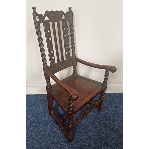 208 - LATE 19TH CENTURY CARVED OAK OPEN ARMCHAIR ON BARLEY TWIST SUPPORTS