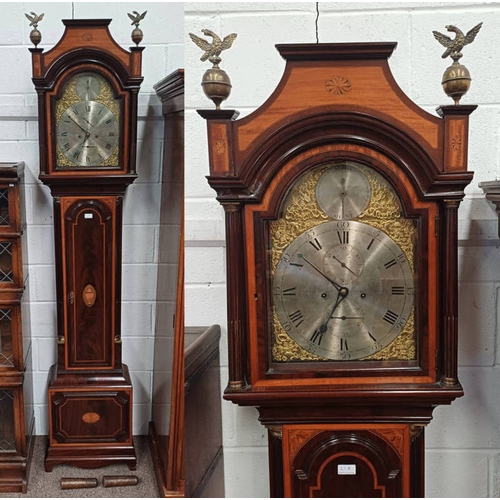 21A - 19TH CENTURY MAHOGANY LONG CASE CLOCK WITH DECORATIVE SATIN WOOD INLAY & BRASS EAGLE FINIALS, THE BR... 