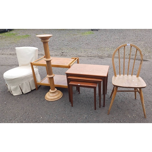 22 - ERCOL ELM SPINDLE BACK CHAIR, OAK POT STAND WITH REEDED COLUMN, ETC - 5 PIECES