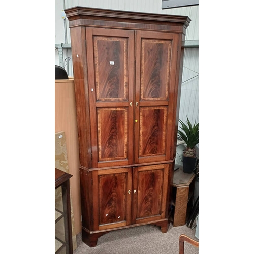 223 - 19TH CENTURY INLAID MAHOGANY CORNER CABINET WITH 2 PANEL DOORS OVER BASE WITH 2 PANEL DOORS. 226 CM ... 