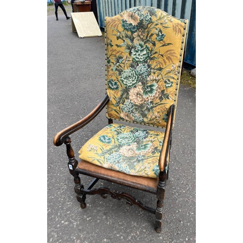 230 - LATE 19TH CENTURY MAHOGANY FRAMED OPEN ARMCHAIR WITH DECORATIVE FLORAL TAPESTRY BACK ON TURNED SUPPO... 