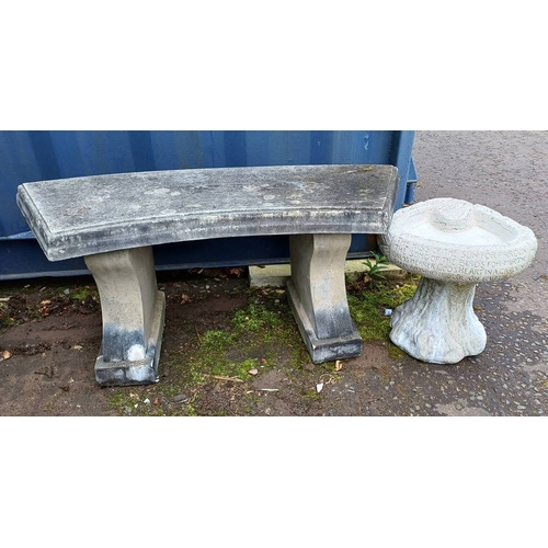 231 - RECONSTITUTED STONE GARDEN BENCH WITH SHAPED SEAT ON TWIN PEDESTALS & BIRD BATH