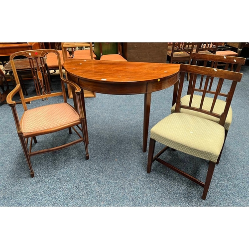 24 - LATE 19TH CENTURY MAHOGANY DEMI-LUNE SIDE TABLE, INLAID MAHOGANY ARMCHAIR AND PAIR OF MAHOGANY HAND ... 