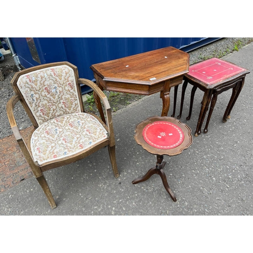 242 - MAHOGANY OPEN ARMCHAIR, MAHOGANY SIDE TABLE WITH DECORATIVE SUPPORTS ETC - 4 PIECES