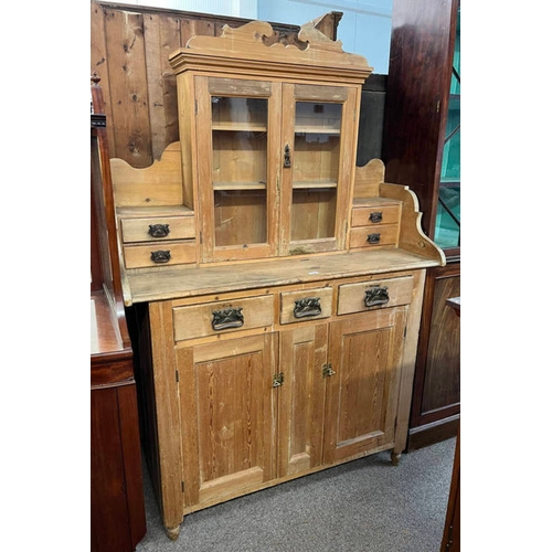 255 - LATE 19TH CENTURY PINE KITCHEN DRESSER WITH 2 GLAZED DOORS OVER 3 DRAWERS & 2 PANEL DOORS - 186 CM T... 