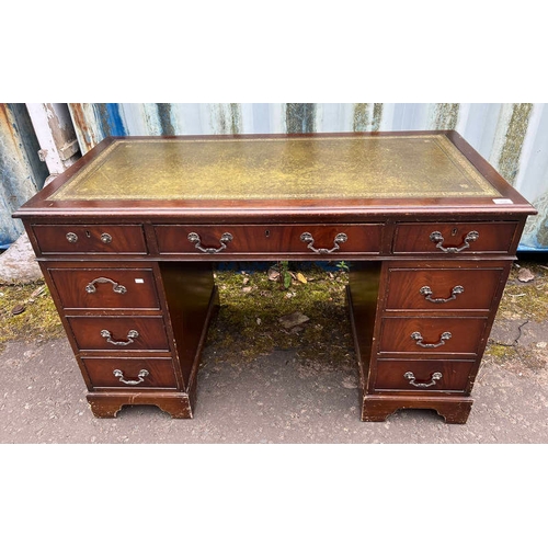 256 - MAHOGANY TWIN PEDESTAL DESK WITH LEATHER INSET TOP AND 3 FRIEZE DRAWERS OVER 6 DRAWERS.