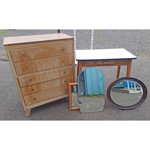 26 - MID 20TH CENTURY OAK CHEST OF 5 DRAWERS, SIDE TABLE WITH SINGLE DRAWER & FORMICA TOP, ETC - 5 PIECES