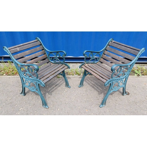 261 - PAIR OF GARDEN ARMCHAIRS WITH DECORATIVE CAST METAL ENDS